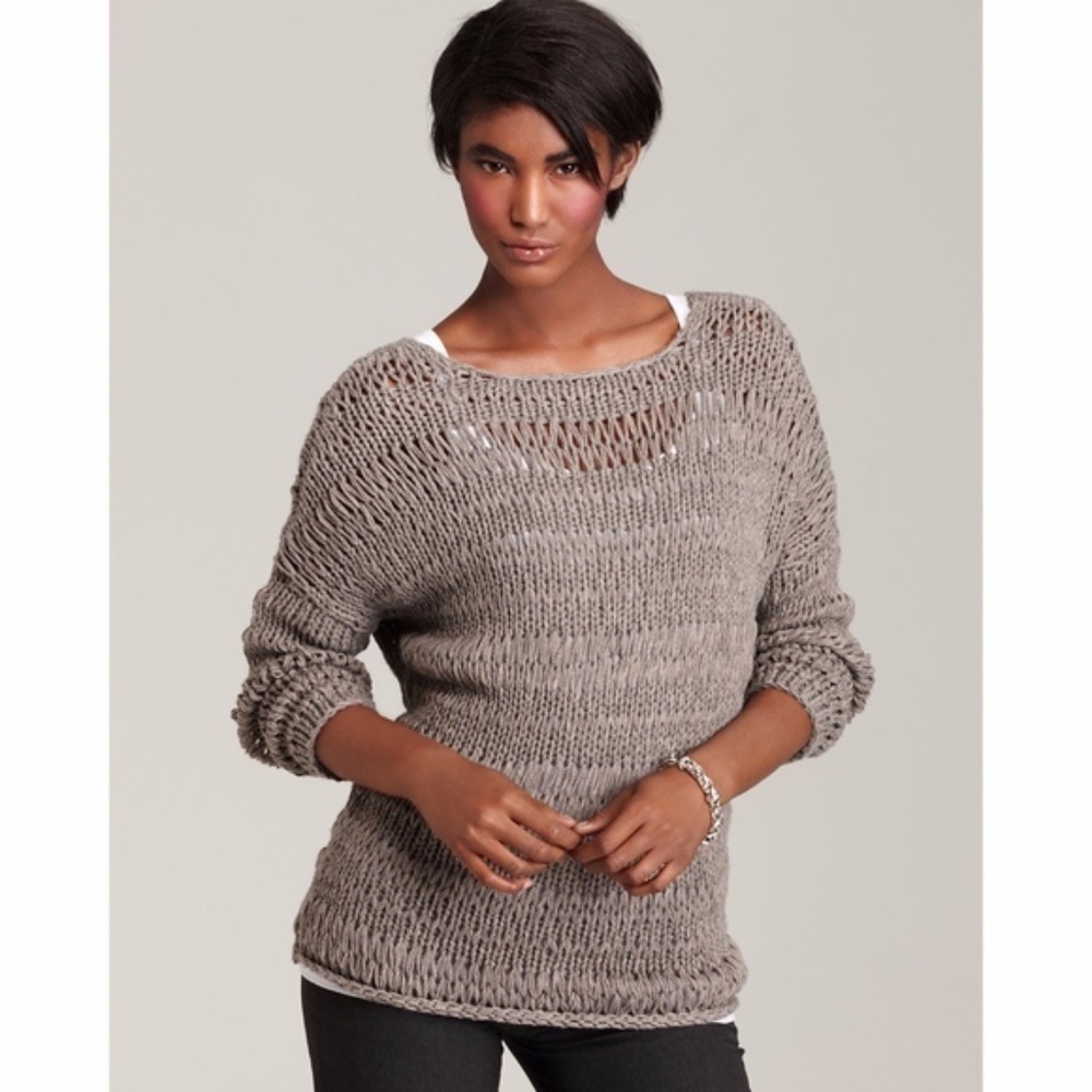VINCE Gray Chunky Open Loose Knit Boatneck Pullover Long Sleeve Sweater Sz Small